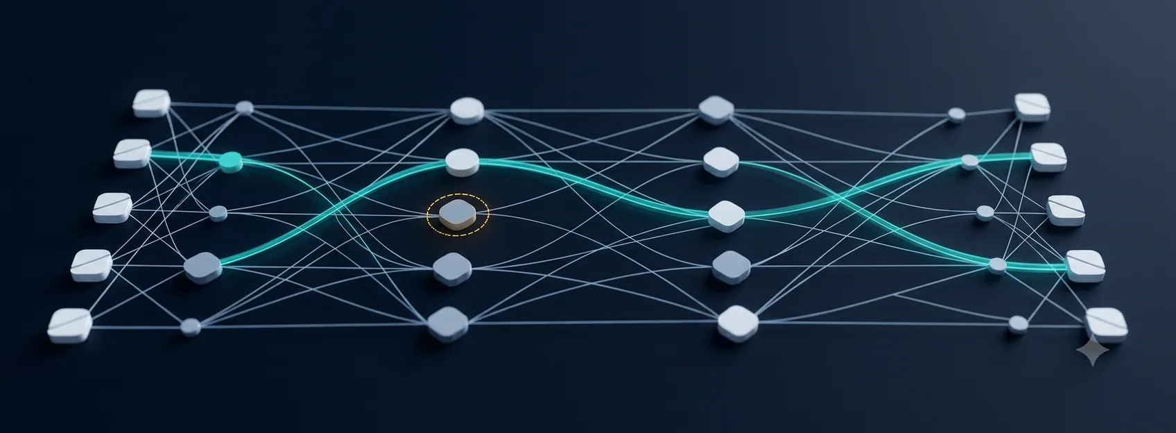 Four-tier network of suppliers, plants, distribution centres and customers with one planned route in teal and one simulated site disruption ringed in amber