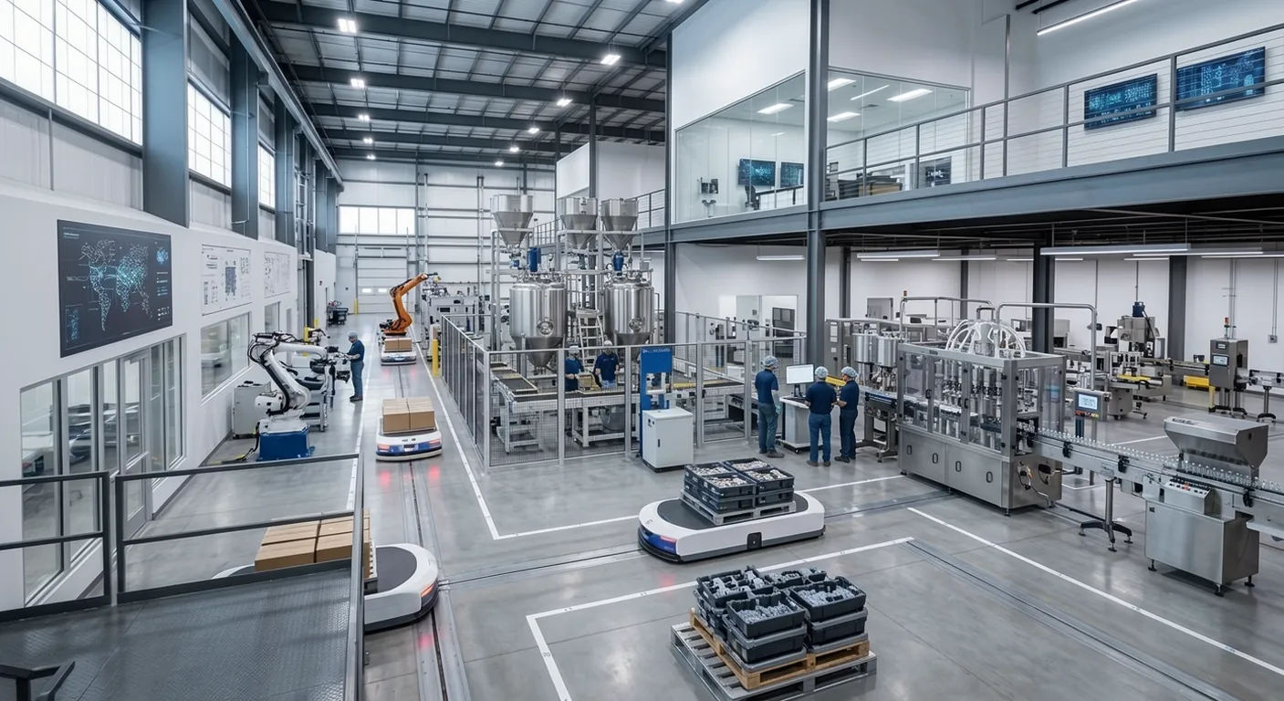 Automated production floor with filling lines, robots and guided vehicles